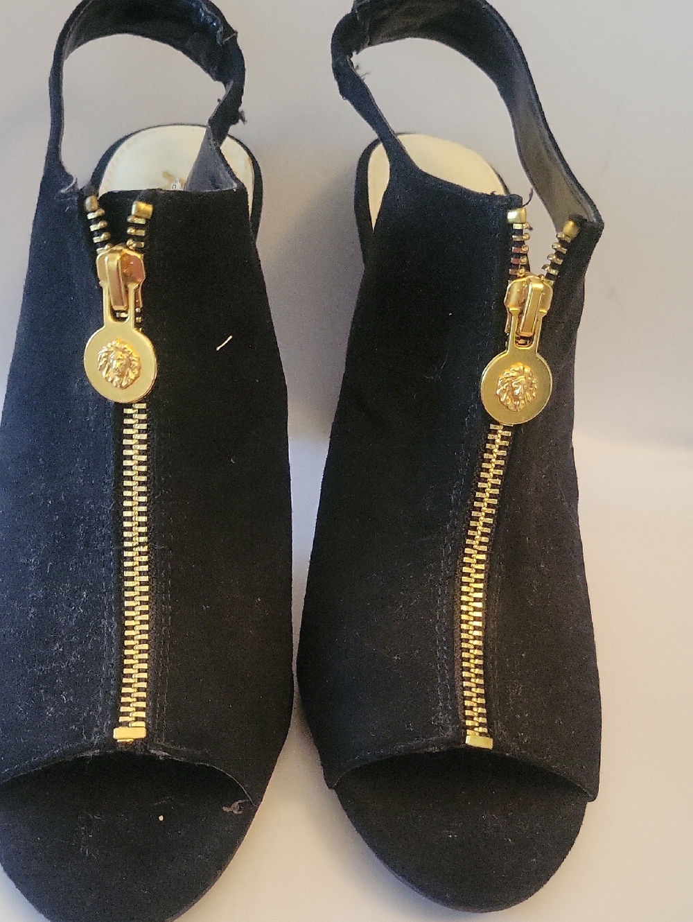 Anne Klein Black Suede Peep-Toe Slingbacks with Gold Zipper Accents